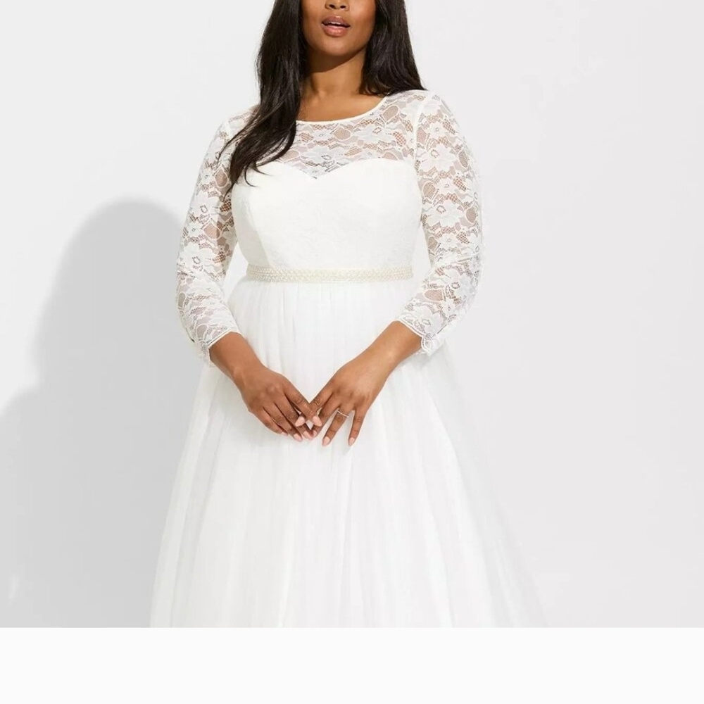 torrid White Lace Bodice Long Sleeve Wedding Dress